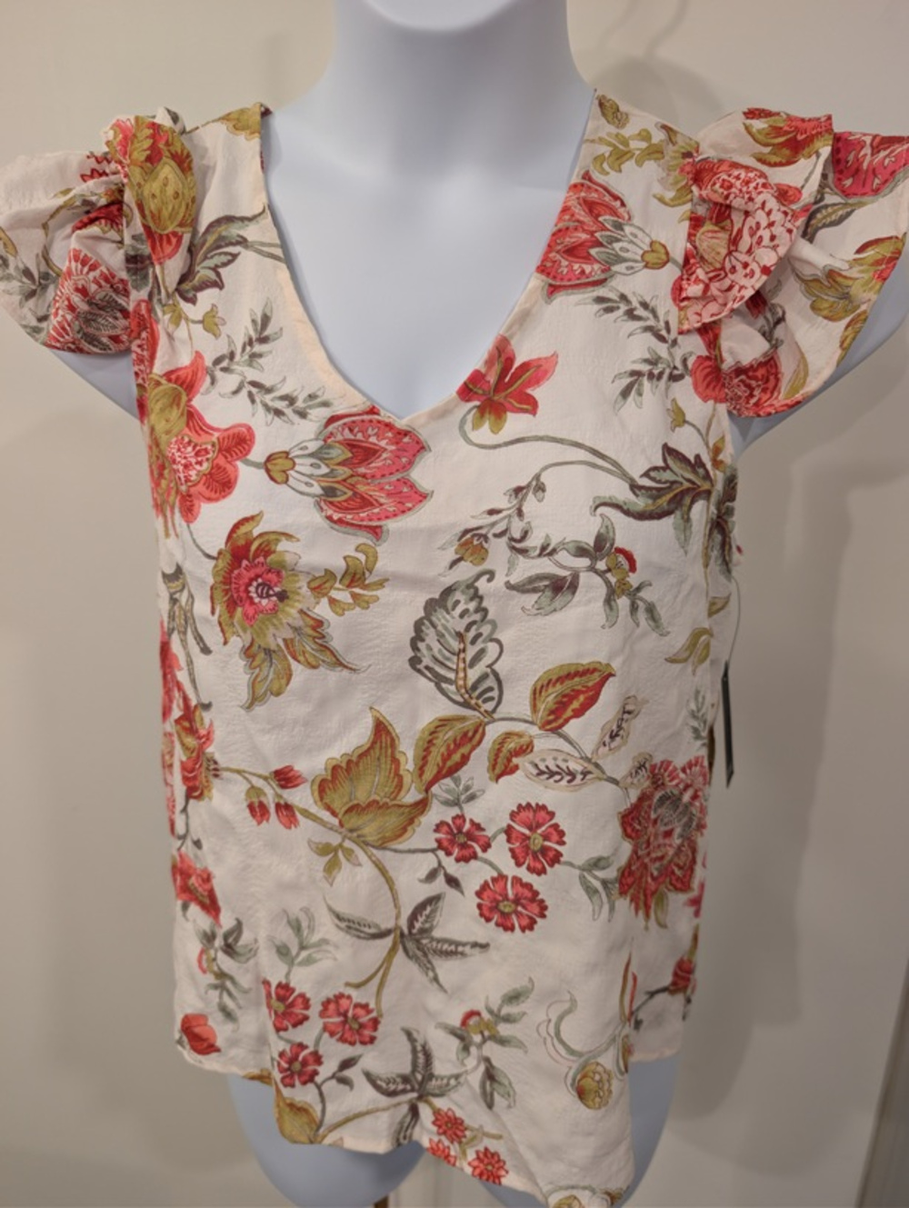 1207 - Cure. Boho Floral Ruffle Sleeve Blouse Cream Red Green - NWT - Large